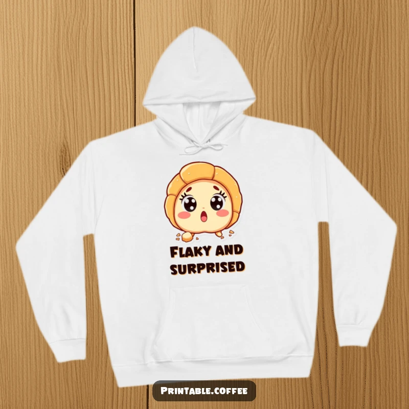 A surprised croissant character with wide eyes and falling flaky crumbs, featured on a soft, warm hoodie.