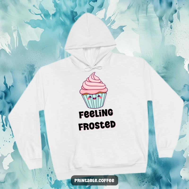 A happy cupcake character with delightfully wiggling frosting, featured on a cozy hoodie.