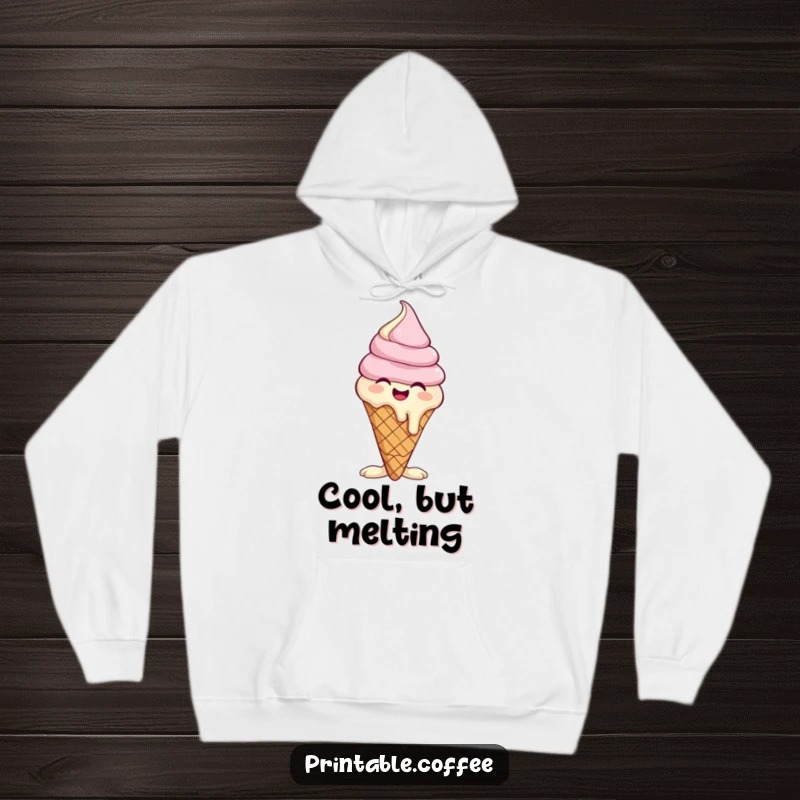 Funny hoodie showing a giggling ice cream cone character melting slightly, offering cozy comfort and cheerful humor.