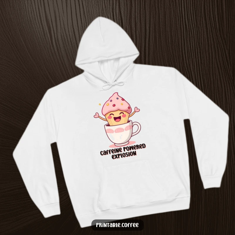 Funny Hoodie showcasing a happy muffin character joyfully bursting out of a coffee cup, perfect for cozy moments.