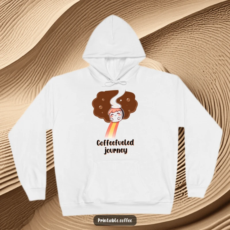 Funny hoodie: A winking sushi character slides down a colorful rainbow made of coffee steam, offering cozy and whimsical charm.