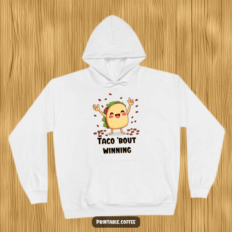 Funny hoodie: A cheesy taco character performs a celebratory victory dance, holding coffee beans, embodying festive energy and fun.
