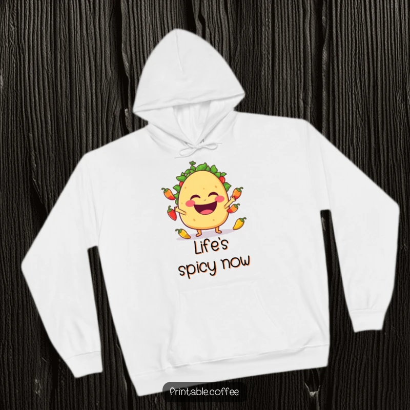 A laughing taco character masterfully juggling jalapeño peppers, featured on a soft, warm hoodie.