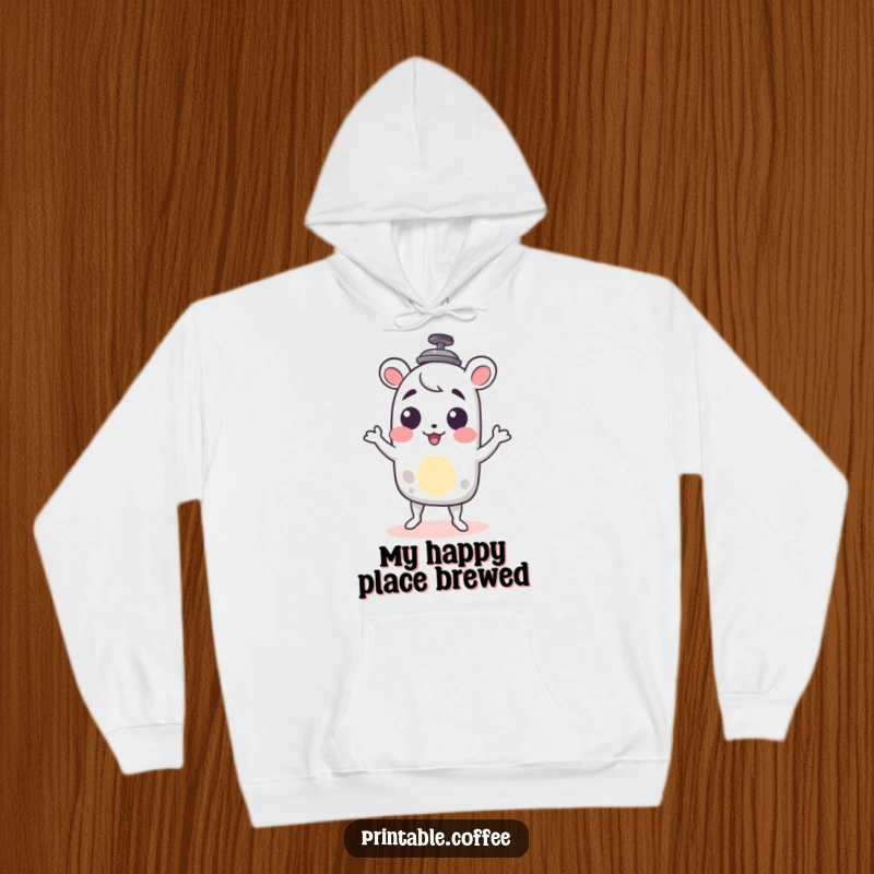 Funny French press hoodie featuring a character delightfully doing a little shimmy, designed for warmth and a playful coffee experience.