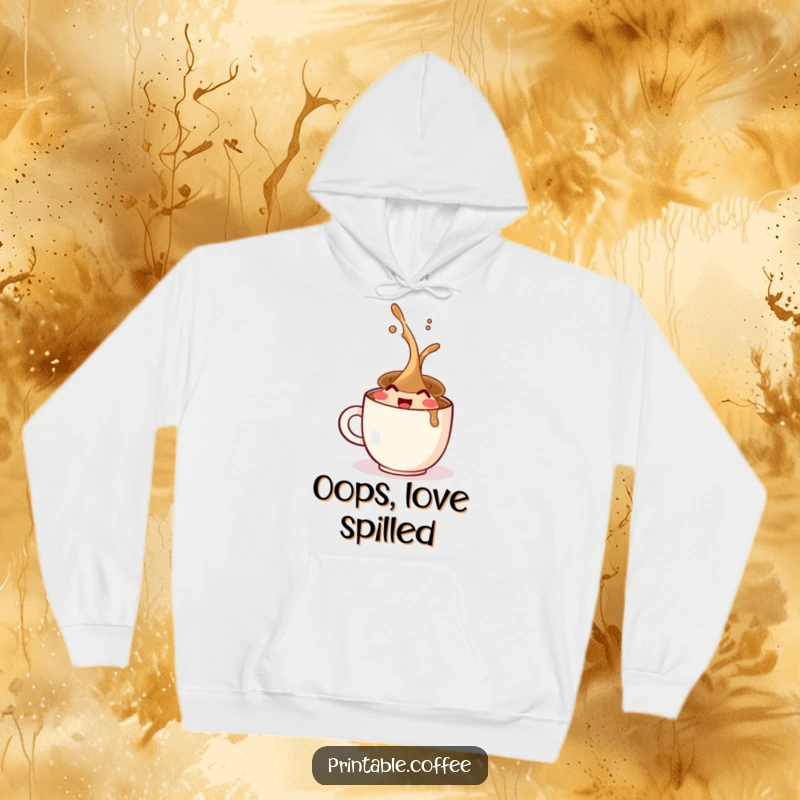 Funny hoodie showcasing a gleeful coffee cup character in the act of spilling, offering warmth and humorous comfort.
