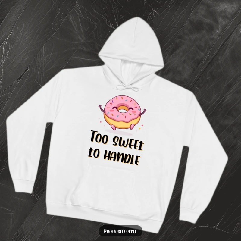 Funny donut hoodie featuring a character with sprinkles joyfully bouncing, designed for ultimate comfort and a burst of happiness.