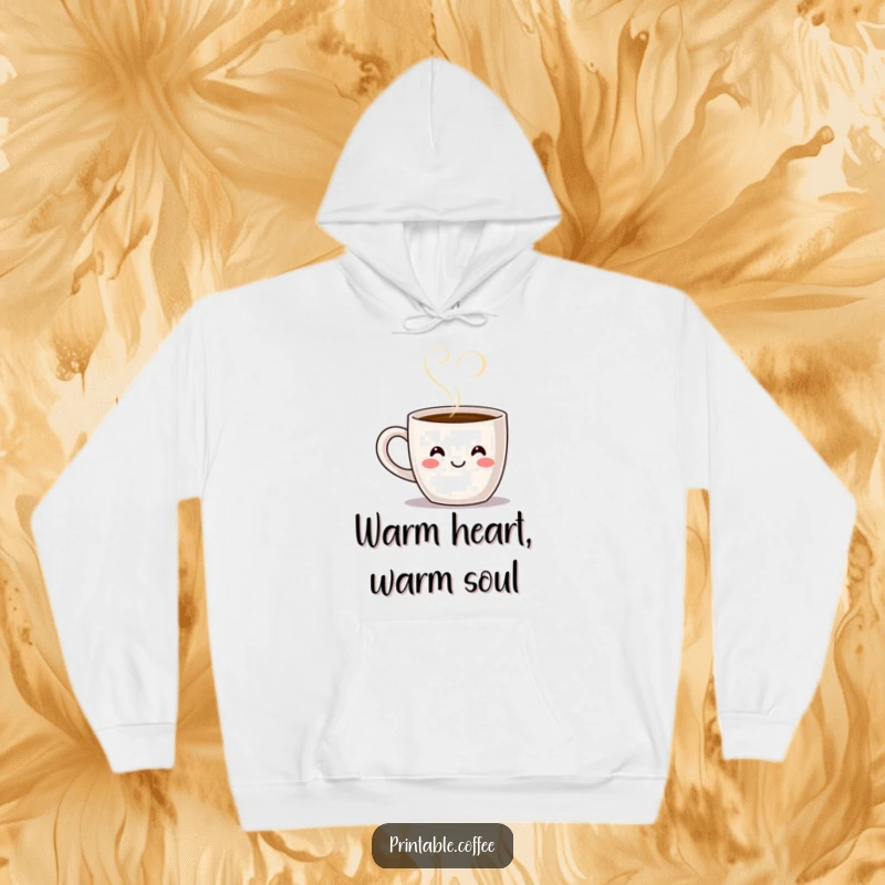 Funny smiling coffee mug character with steam forming a heart, featured on a cozy and humorous hoodie.