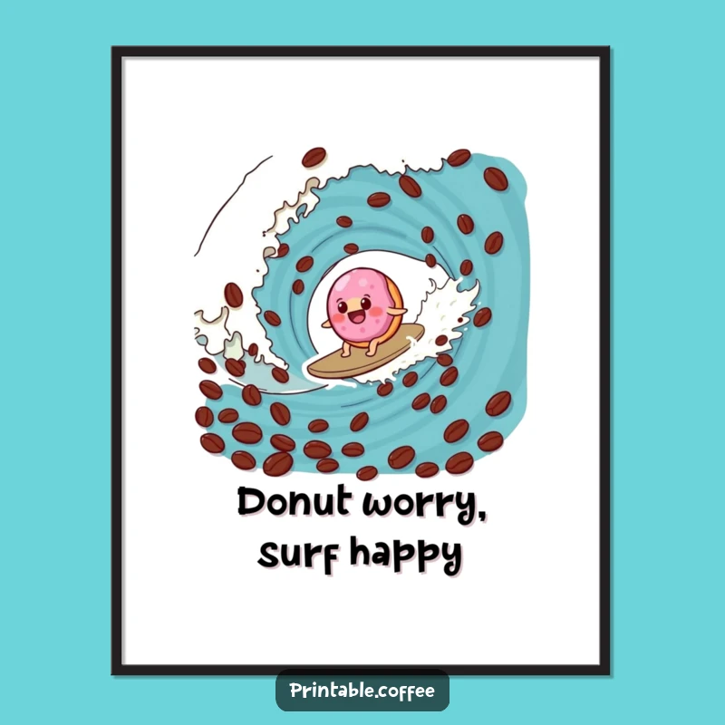 Free Printable Wall Art: Funny Donut Surfing Coffee Wave Humorous Downloadable Art