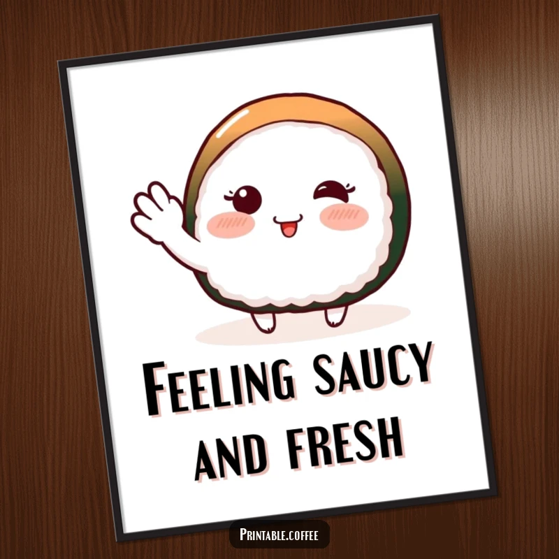 Funny Free Printable Wall Art: Blushing sushi character shyly waving, a cute and downloadable piece of decor.