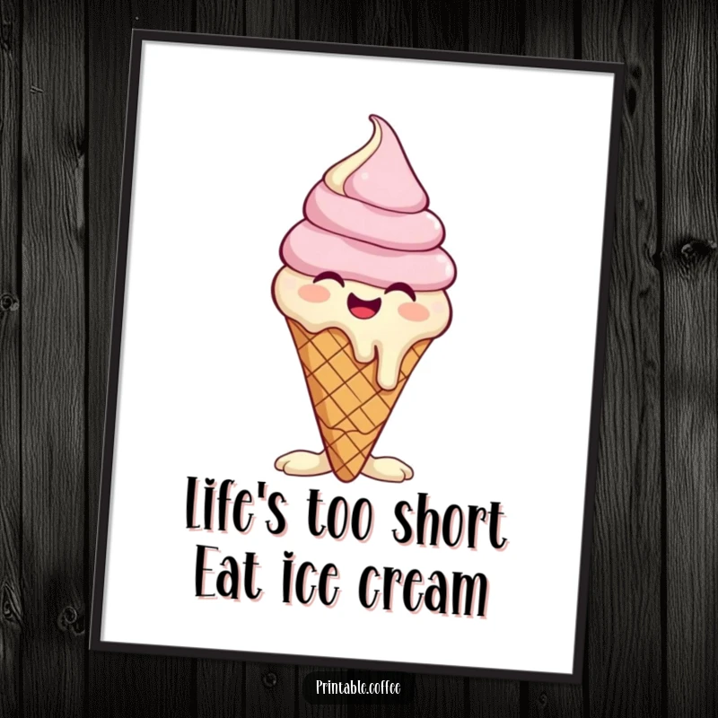 Funny Free Printable Wall Art: Giggling ice cream cone character melting slightly with mirth, a fun and downloadable decor piece.