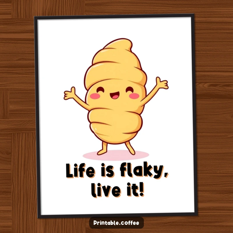Funny Free Printable Wall Art: A jolly croissant character with tiny arms performing a hilarious happy dance, full of life.