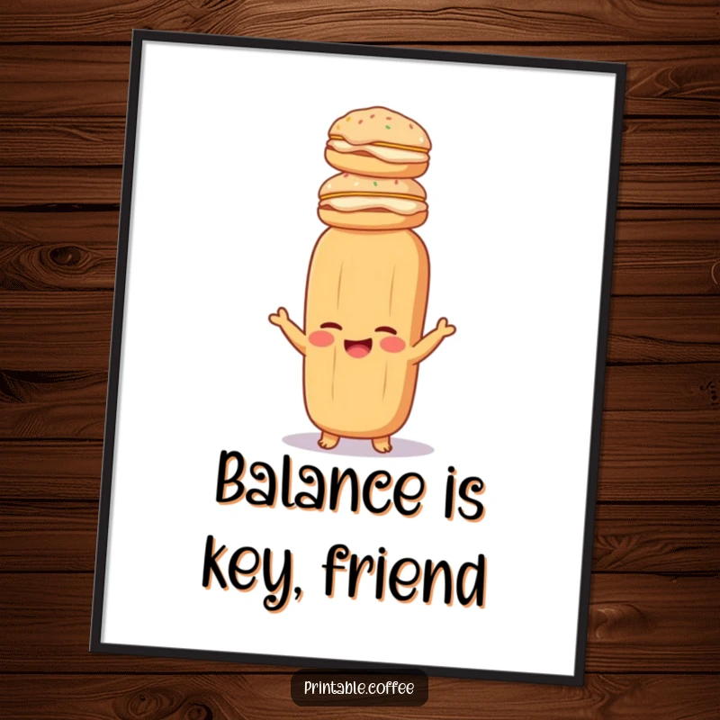 Funny Free Printable Wall Art: Giggling baguette balancing a precarious stack of cream pastries on its head, a delightful culinary joke.