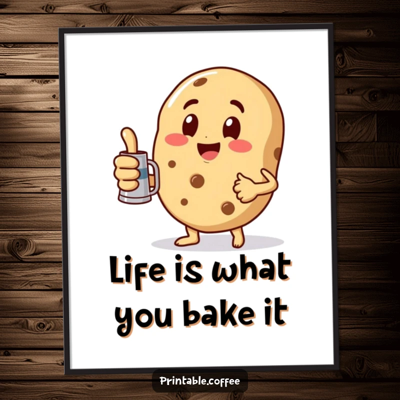Funny Free Printable Wall Art: Playful cookie giving a thumbs up, holding a miniature coffee pot. Cheerful downloadable decor.
