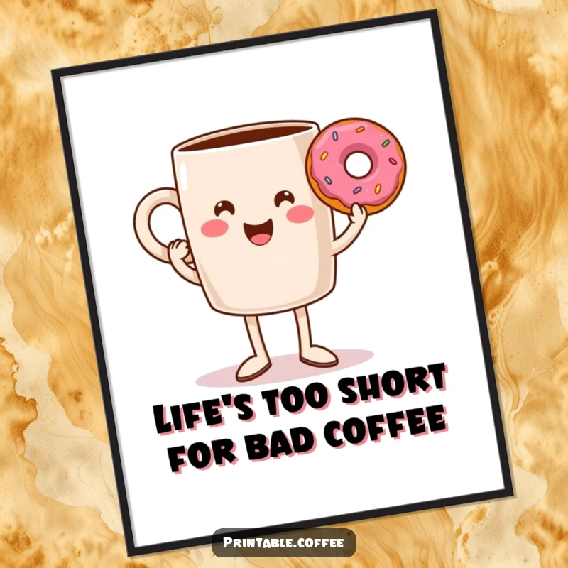 Funny Free Printable Wall Art of a smiling coffee mug with legs triumphantly holding a donut, embodying cheerful victory and playful energy.