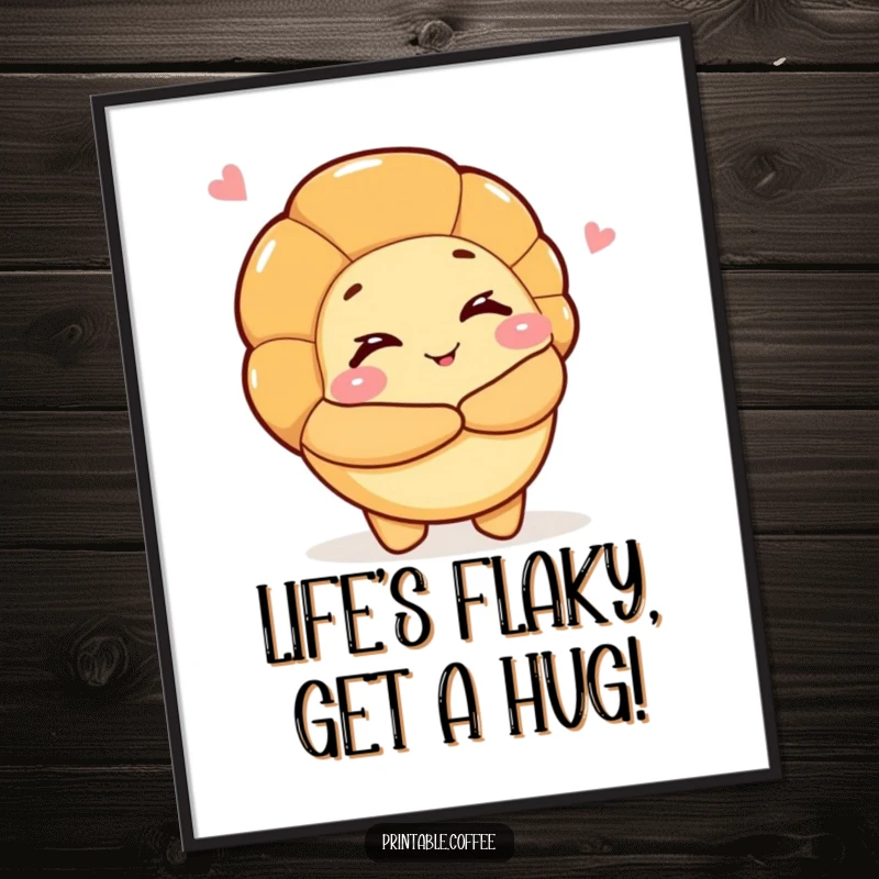Funny Free Printable Wall Art: A winking croissant character extending its arms to offer a warm, inviting hug.