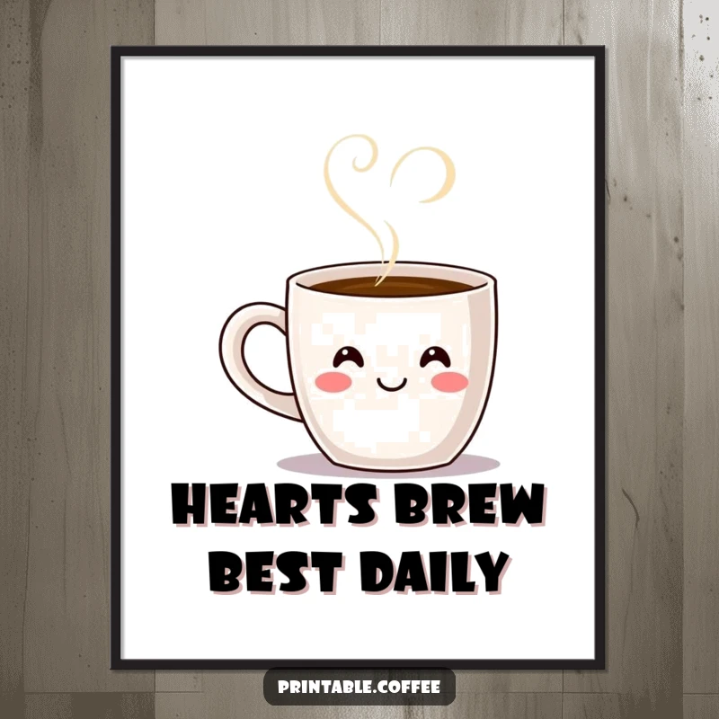 Cozy Free Printable Wall Art: A smiling coffee mug character with steam beautifully forming a heart shape, perfect for any room.