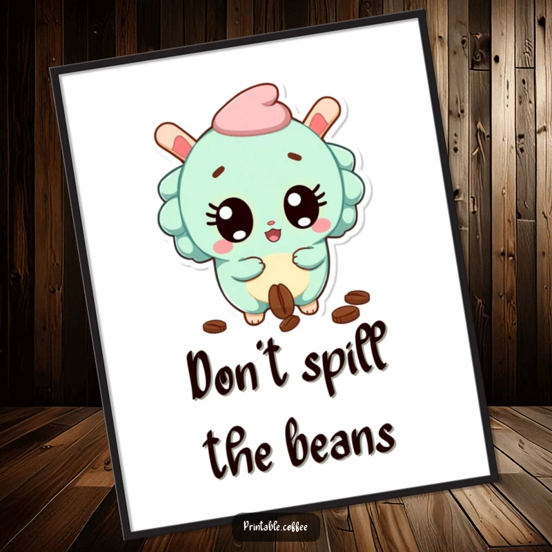 Funny Free Printable Wall Art: Surprised churro character with wide eyes, dropping a coffee bean. Quirky downloadable decor.
