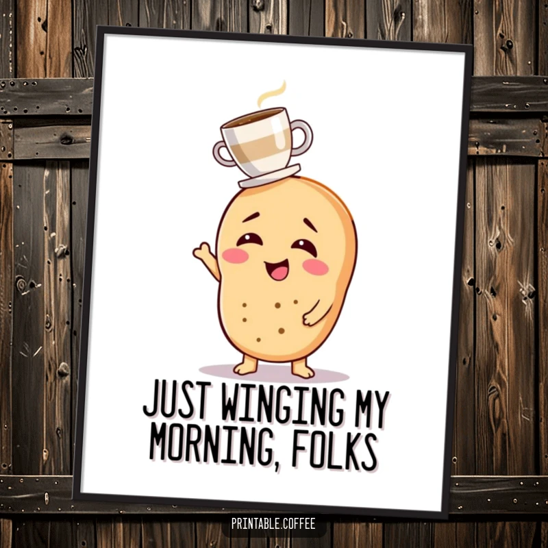 Funny free printable wall art depicting a giggling bagel character with impressive balance, holding a tiny coffee cup on its head.