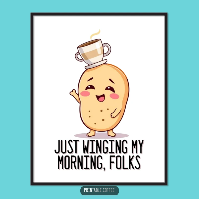 Free Printable Wall Art: Bagel Balancing Coffee, Humorous Downloadable Decor!