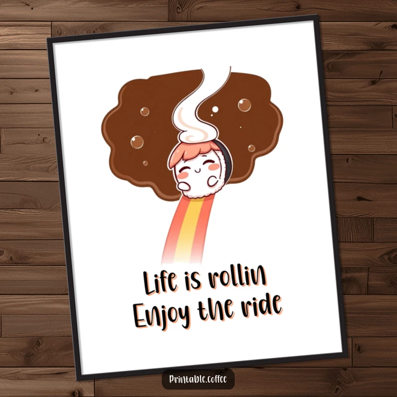 Free Printable Wall Art: A winking sushi character slides joyfully down a vibrant rainbow of coffee steam.