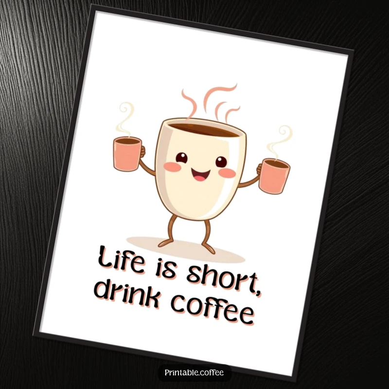 Funny Free Printable Wall Art: Smiling coffee cup character with tiny legs juggling steaming mugs, a vibrant and humorous downloadable art.