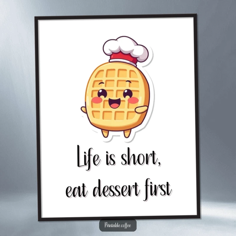 Funny free printable waffle chef wall art featuring a delighted waffle character in a tiny chef hat, exuding cheesy charm and culinary aspiration.