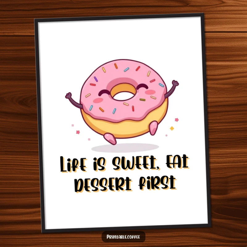 Funny Free Printable Wall Art: A joyful donut with sprinkles bouncing with energy, perfect for quirky home decor, downloadable.