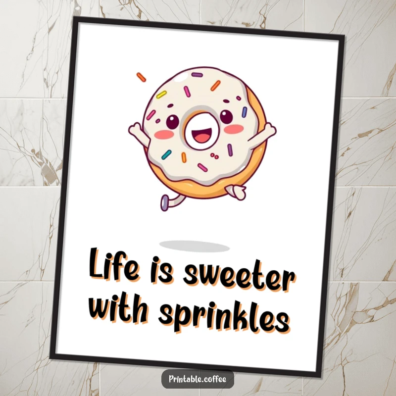 Funny free printable wall art of a happy donut character doing a dynamic jump, with sprinkles flying everywhere.