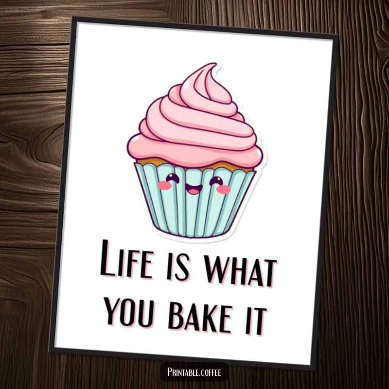 Funny free printable wall art of a happy cupcake character energetically wiggling its vibrant frosting.