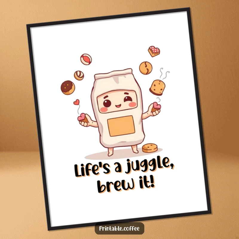 Funny Free Printable Wall Art: A steaming coffee bag character skillfully juggling a variety of pastries.