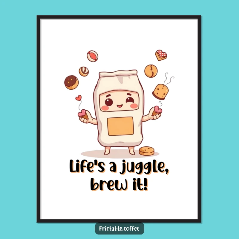 Funny Free Printable Wall Art: Coffee Bag Pastry Juggler - Quirky Downloadable Decor