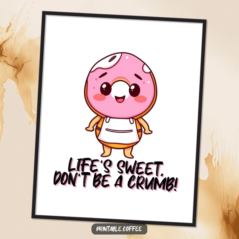 Funny Free Printable Wall Art: A smiling donut character wearing a tiny barista apron with a friendly expression.