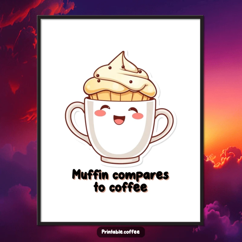 Free Printable Wall Art: A laughing muffin character peeks from behind a giant coffee cup, cheerful.