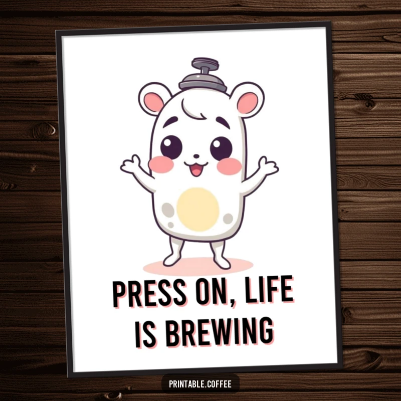 Funny Free Printable Wall Art: A French press character doing a delightful shimmy, adding humor and style to decor, downloadable.