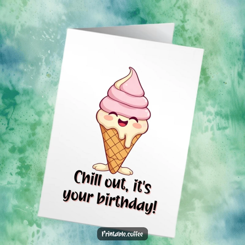 Funny Free Printable Birthday Card: Giggling ice cream cone character melting slightly with laughter, spreading birthday cheer.
