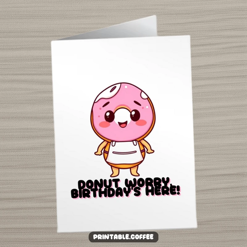 Funny Free Printable Birthday Card: A happy donut character wearing a tiny barista apron, offering a treat.
