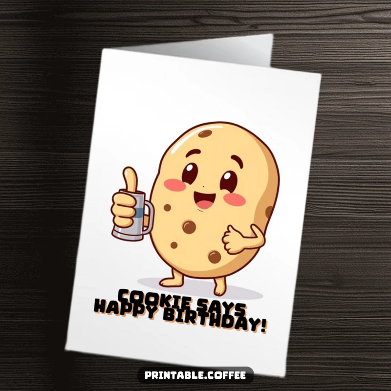 Funny Free Printable Birthday Card: Playful cookie character giving a thumbs up, holding a mini coffee pot, celebrating. Downloadable.