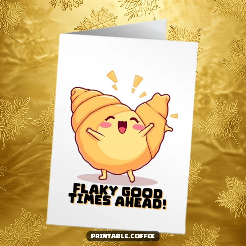 Funny Free Printable Birthday Card: Excited croissant doing energetic cartwheel, flaky layers flying, spreading joy and laughter.