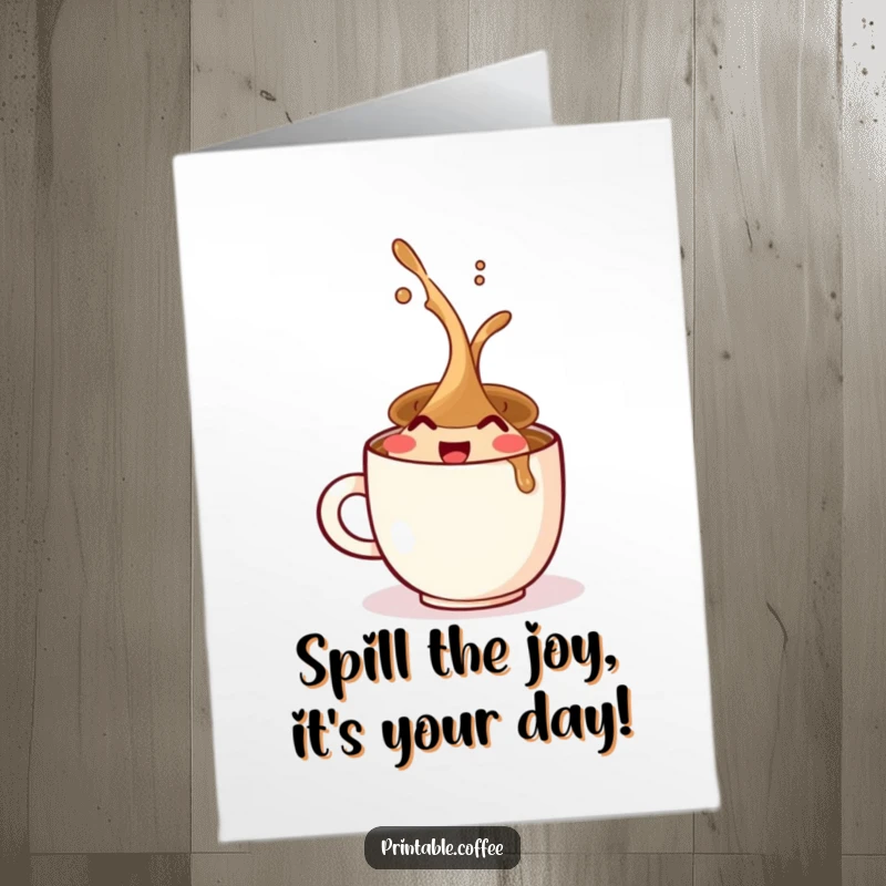 Funny Free Printable Birthday Card: A cheerful coffee cup character joyfully spilling its contents with glee.