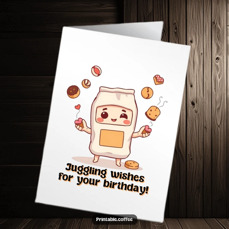 Funny Free Printable Birthday Card: A steaming coffee bag character skillfully juggling various delicious pastries.