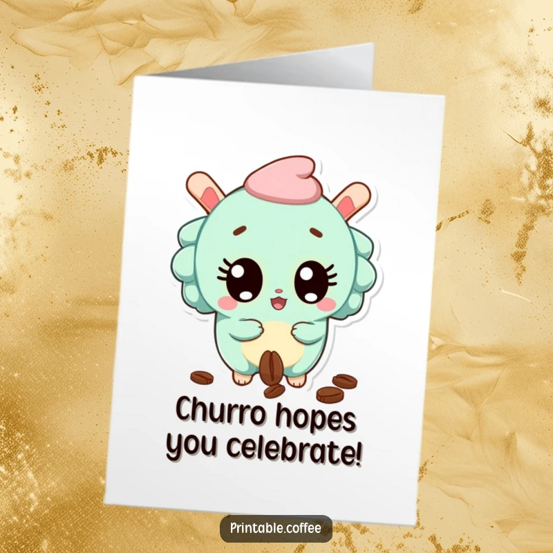 Funny Free Printable Birthday Card: Surprised churro with wide eyes, accidentally dropping a coffee bean. Shocking festive gift.