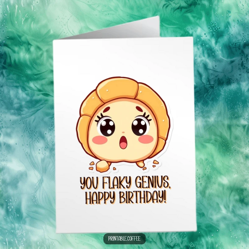 Funny free printable birthday card featuring a surprised croissant character with wide, shocked eyes and scattered flaky crumbs.