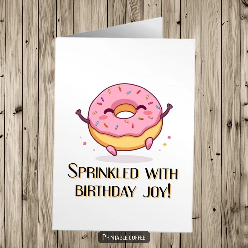 Funny Free Printable Birthday Card: A joyful donut with sprinkles bouncing excitedly, ready to party, a downloadable greeting.
