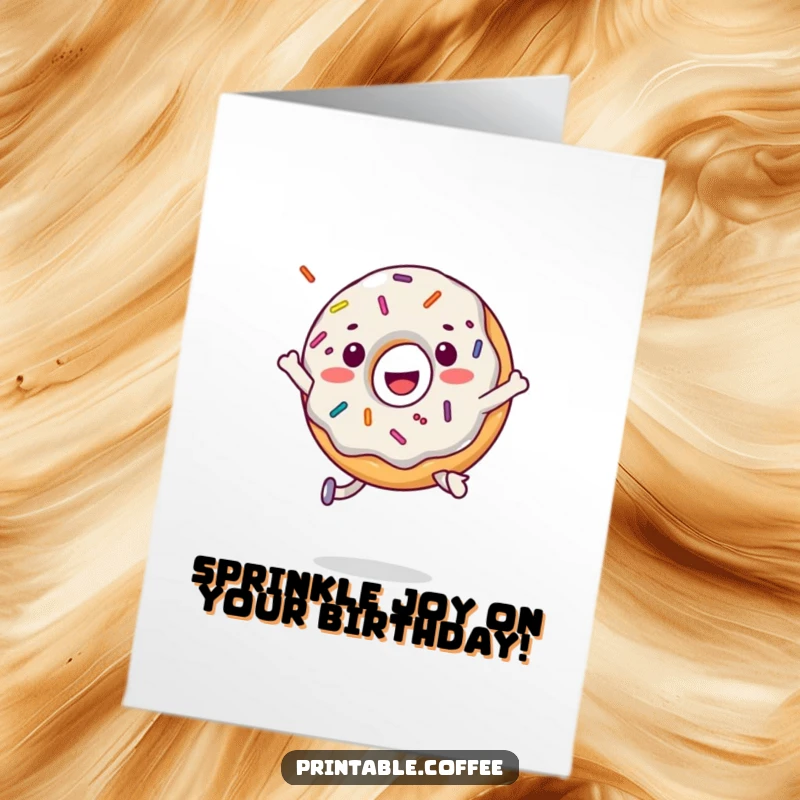 Funny free printable birthday card featuring a cheerful donut character mid-air, jumping with joy and scattering colorful sprinkles.