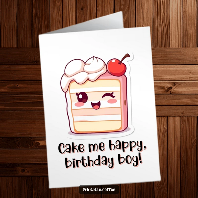 Funny Free Printable Birthday Card: Winking cake character with an extra cherry, delivering a fun birthday message.