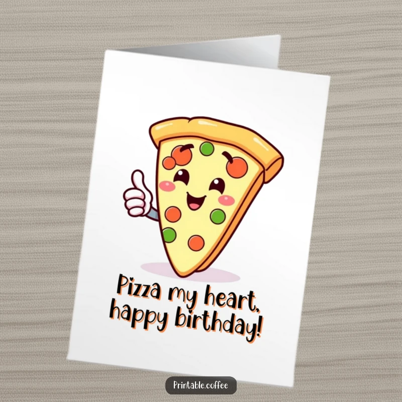 Funny Free Printable Birthday Card: Gleeful pizza slice character giving a big thumbs up, celebrating a birthday with pizza joy.