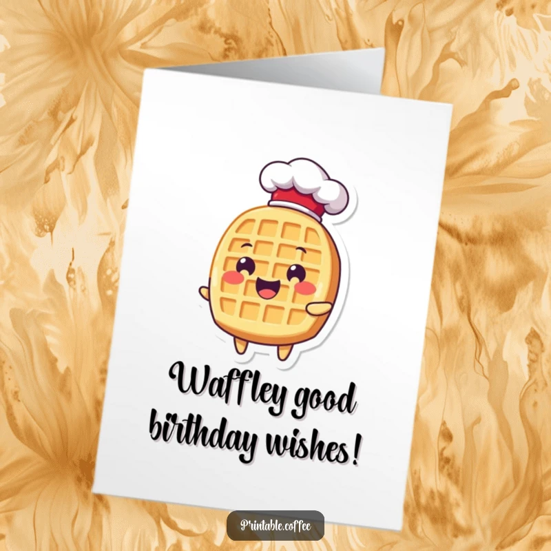 Funny free printable waffle chef hat birthday card featuring a delighted waffle character donning a tiny chef hat, ready to party.