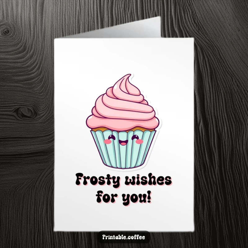 Funny free printable birthday card featuring a happy cupcake character wiggling its colorful frosting with pure delight.