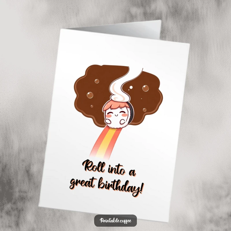 Free Printable Birthday Card: A winking sushi character slides down a rainbow made of coffee steam.