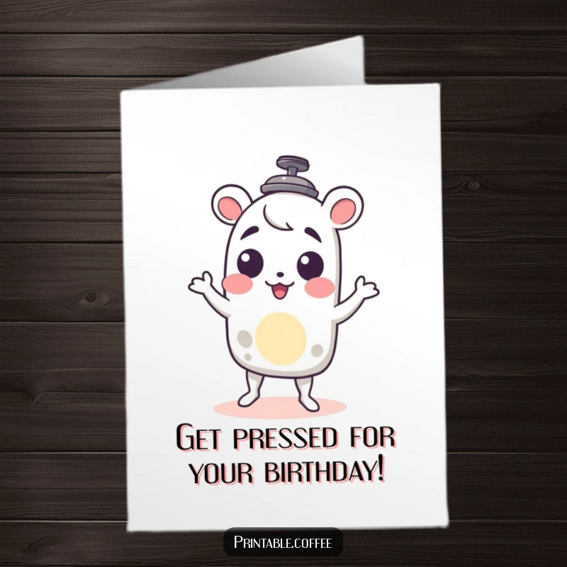 Funny Free Printable Birthday Card: A delighted French press character doing a happy shimmy dance, celebrating in style.